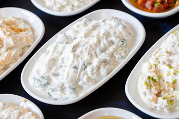 Traditional Turkish and Greek food appetizer table. Grilled eggplant salad (saksuka), Anamur salad, Baba Ghanoush (Mutabbal), pasha appetizer, spicy paste or harissa, purslane salad. Selective focus