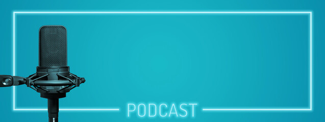 Blue podcast frame background, podcasting banner with microphone and copy space	 - obrazy, fototapety, plakaty