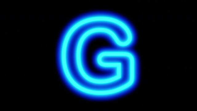 Animated blue neon letter G on a black background. Looped animation. 3D rendering. 4K video
