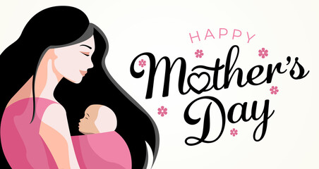 Vector Illustration Of Mother with baby. Happy Mothers Day Greeting Card.