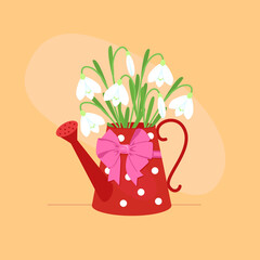 Red watering can with snowdrops, primroses. Pink bow. Spring. MarchGreeting card. Vector illustration. 