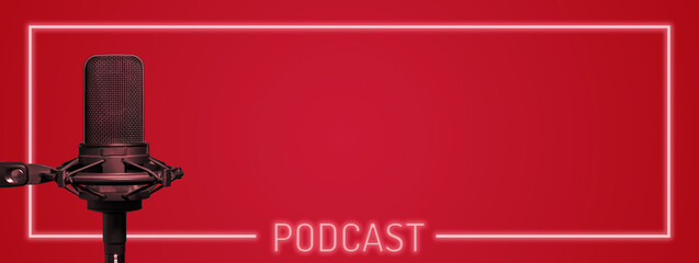 podcast red background with frame for copy space and studio microphone