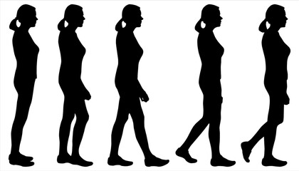 Black female silhouette isolated on white. Woman on the move. Girl with a tail on the head. Person walks leisurely pace. Human body. Side view. Walking. Hiking. Step-by-step silhouettes for animation.