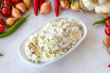 Marko Pasha appetizer prepared with chicken, roasted eggplant, garlic, walnuts and mayonnaise. Traditional Turkish cuisine flavors. Appetizer served with the main course