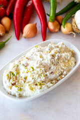 Marko Pasha appetizer prepared with chicken, roasted eggplant, garlic, walnuts and mayonnaise. Traditional Turkish cuisine flavors. Appetizer served with the main course