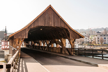 Bremgarten, Altstadt, Reussbrücke, Holzbrücke, Reuss, Fluss, Reussufer, Altstadthäuser, Aargau, Frühling, Schweiz