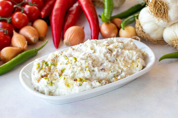 Marko Pasha appetizer prepared with chicken, roasted eggplant, garlic, walnuts and mayonnaise. Traditional Turkish cuisine flavors. Appetizer served with the main course