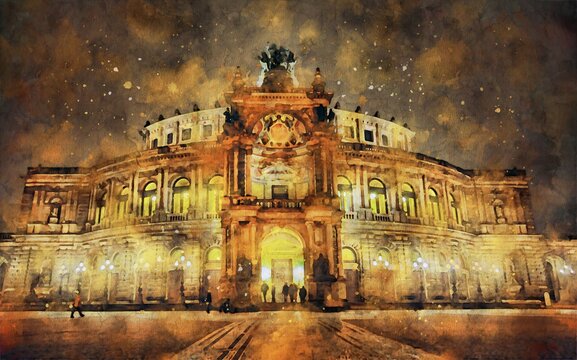 Watercolor painting of Dresden Semperoper opera house (Germany)