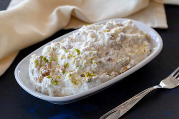 Marko Pasha appetizer prepared with chicken, roasted eggplant, garlic, walnuts and mayonnaise. Traditional Turkish cuisine flavors. Appetizer served with the main course