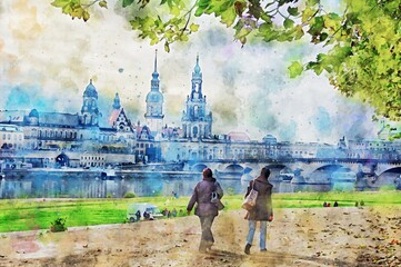 Watercolor painting of Dresden with Elbe river panoramic view (Germany)