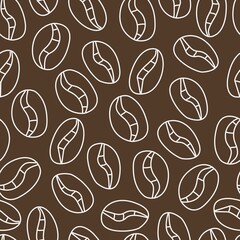 Seamless doodle pattern with coffee beans on a brown background. Vector doodle illustration for design.