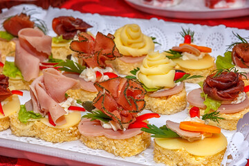 Set of different sandwiches with meat, vegetables, seafood. Catering food party.