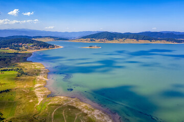 Obraz premium Scenic aerial view with a drone of an amazing Batak dam, Bulgaria with crystal water