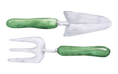 Set of 2 watercolor garden tools isolated on a white background. A hand-drawn metallic fork and spad with a green handles. Garden clipart for your design. Beach object.
