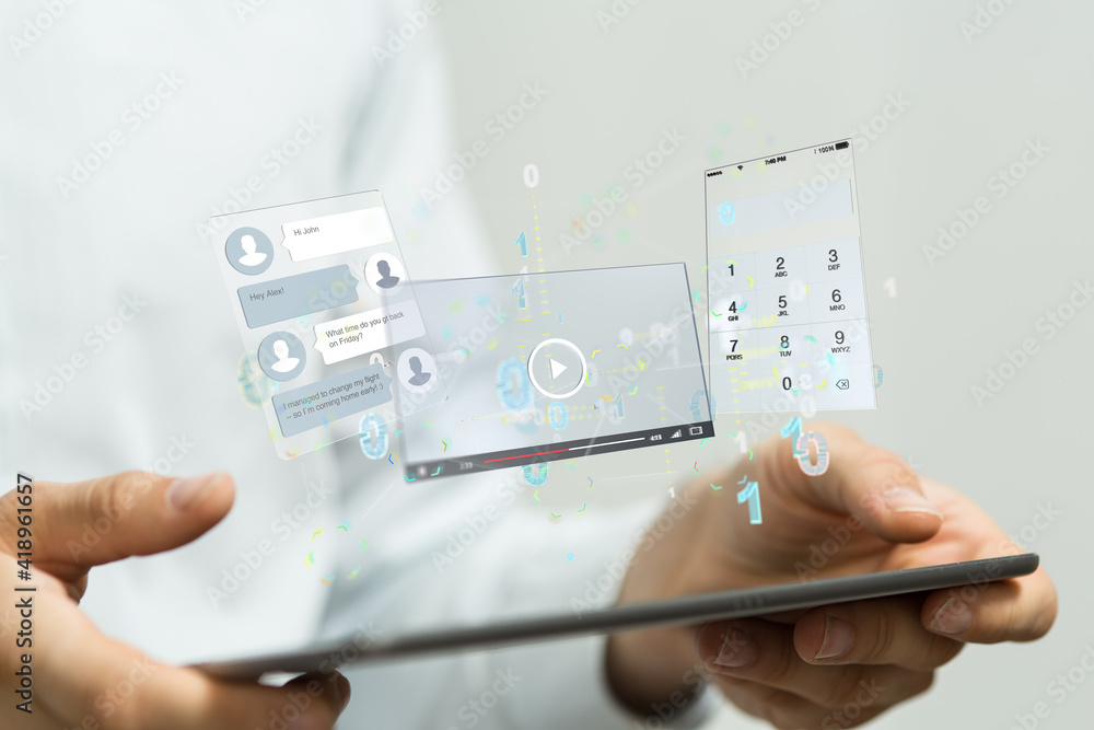 Poster virtual develop interface web application in hand