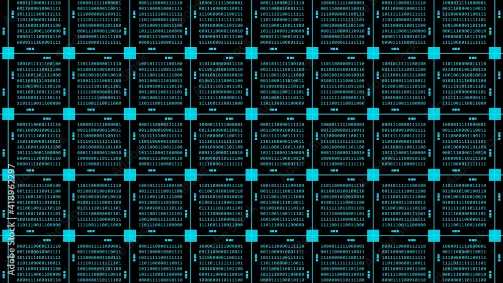 Poster abstract graphics technology background in turquoise - blocks of binary code arranged as a square gr