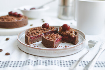 chocolate cake with cherries on a plate