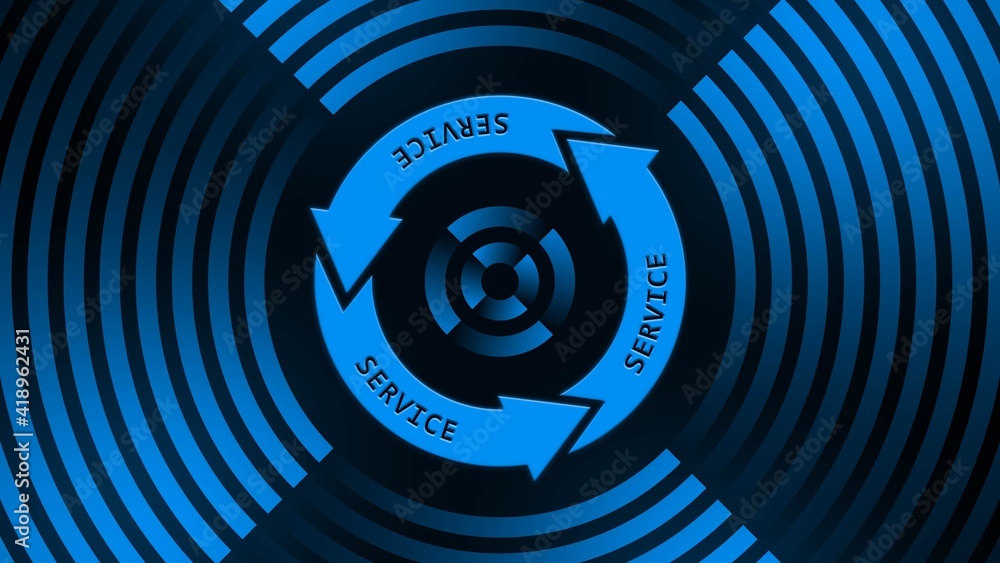Poster SERVICE lettering on update sign in center of circular lines - graphic elements in blue on black background - Software Update Computer Program - 3D Illustration