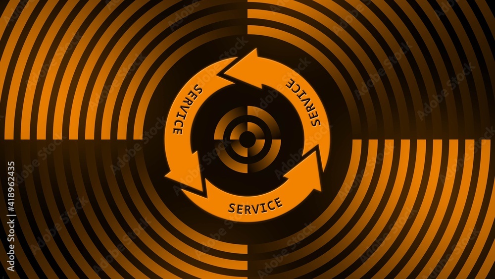 Poster SERVICE lettering on update sign in center of circular lines - graphic elements in orange on black background - Software Update Computer Program - 3D Illustration