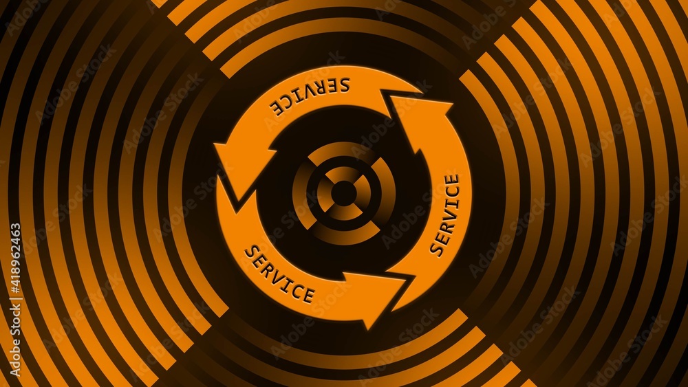 Poster SERVICE lettering on update sign in center of circular lines - graphic elements in orange on black background - Software Update Computer Program - 3D Illustration