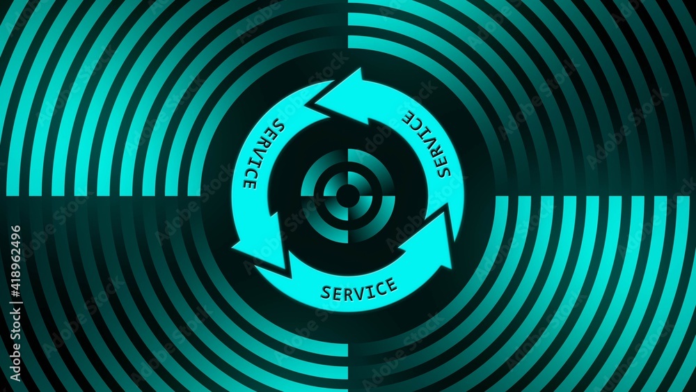 Poster SERVICE lettering on update sign in center of circular lines - graphic elements in turquoise on black background - Software Update Computer Program - 3D Illustration