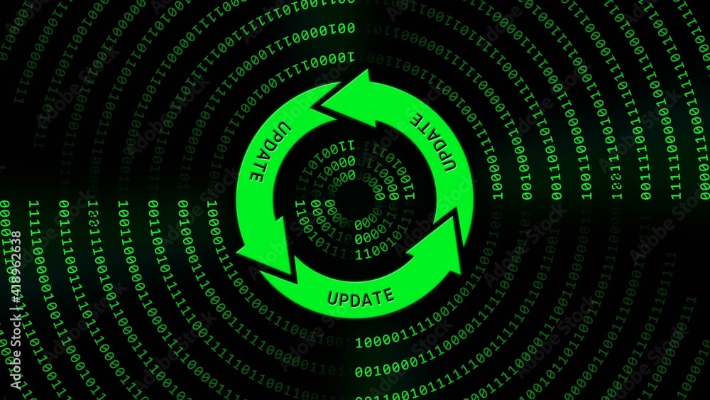 Poster update lettering on update sign in center of binary code circles - graphic elements in green on blac