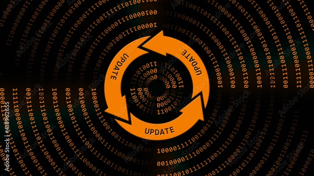 Poster update lettering on update sign in center of binary code circles - graphic elements in orange on bla