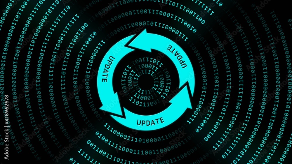 Poster update lettering on update sign in center of binary code circles - graphic elements in white on blac