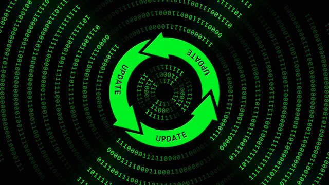 UPDATE lettering on update sign in center of binary code circles - graphic elements in green on black background - Software Update Computer Program - 3D Illustration