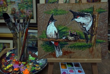 Art painting Fine art Oil color Spigot bird from Thailand , 	Red-whiskered bulbul