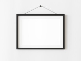 One horizontal rectangle blank picture frame for photographs. Black picture frame mockup. Isolated picture frame mockup template on white background. 3D illustration