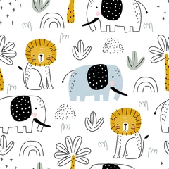 Gordijnen Seamless safari pattern with lion, elephant and palm trees on white background. Vector illustration for printing on packaging paper, fabric, postcard, clothing. Cute children's background. © Дмитрий Бондаренко