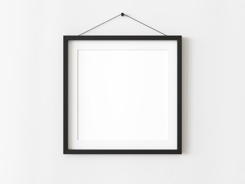 One square blank picture frame for photographs. Black picture frame mockup. Isolated picture frame mockup template on white background. 3D illustration
