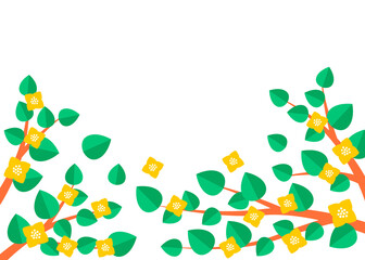 Branch tree with green leaves and yellow bloom, flowers. Spring flowering plants. Froral garden. Vector illustration