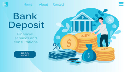 vector illustration on the theme of bank deposits, financial services. a man carries money to the bank, cash, coins, credit cards, inscription bank deposit. banner for websites, magazines, app