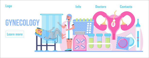 Fototapeta na wymiar Gynecologist concept vector for medical landing page. Gynecology specialists treat patient. Family planning, pregnancy, infertility treatment