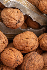 Close-up walnuts pile. Walnut cracker
