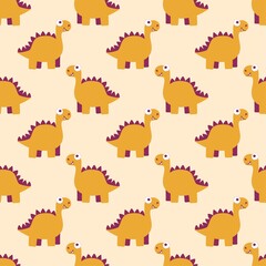 Warm orange dinosaur childish seamless pattern vector. Funny friendly dino by orange, purple and white colors endless texture. Simple pattern with cartoon prehistoric reptile for babies and children