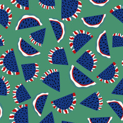 Stylized watermelon fruit seamless pattern vector. Unusual exotic fruit with blue fresh, seeds and striped peel on green background. Cartoon fantasy fruit seamless pattern. Summer bold colors pattern