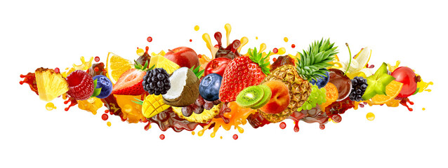 Assorted healthy fresh fruits, berries colorful mix. Creative wide layout collage of forest fruits group, citrus, berries set, exotic tropical fruits assortment, mixed juice blend 3D splashes isolated
