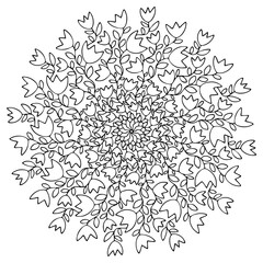 Simple little tulips mandala coloring page for children and adults vector. Spring floral mandala ornamental colouring book page. Tulip flowers circle print black outline white isolated. One of a serie