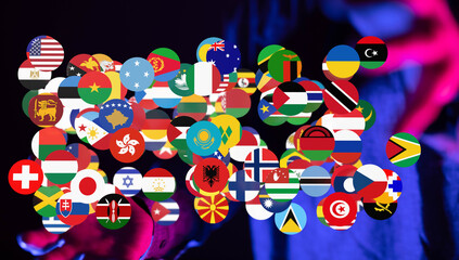 Connection lines Around map with all country flags, Futuristic Technology