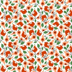 Cartoon pears summer mood seamless pattern vector. Funny pear fruits whole and slices, leaves and seeds colorful pattern. Juicy fruit endless texture. Perfect for dinner napkins, pillows, packaging
