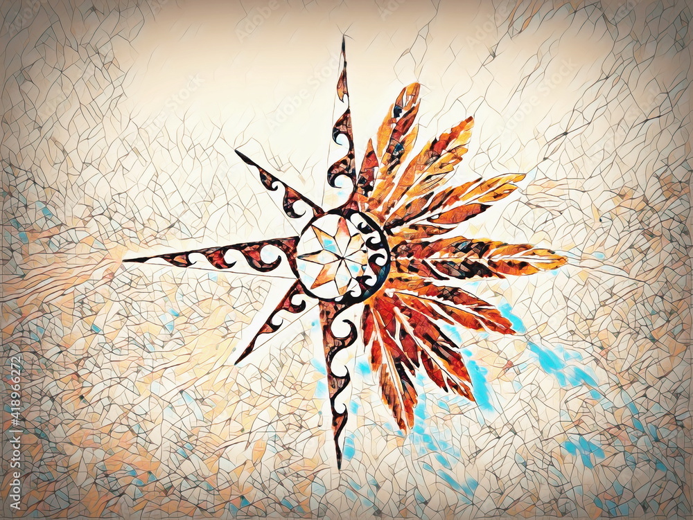 Poster ornamental graphic in shape of a star with feathers.