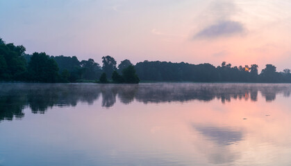 Mist and Sunrise at Loire River, La Chapelle-aux-Naux, Indre-et-Loire Department, The Loire Valley, France, Europe