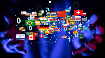 Connection lines Around map with all country flags, Futuristic Technology