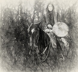 young dreadded girl with her horse and shamanic frame drum. © jozefklopacka