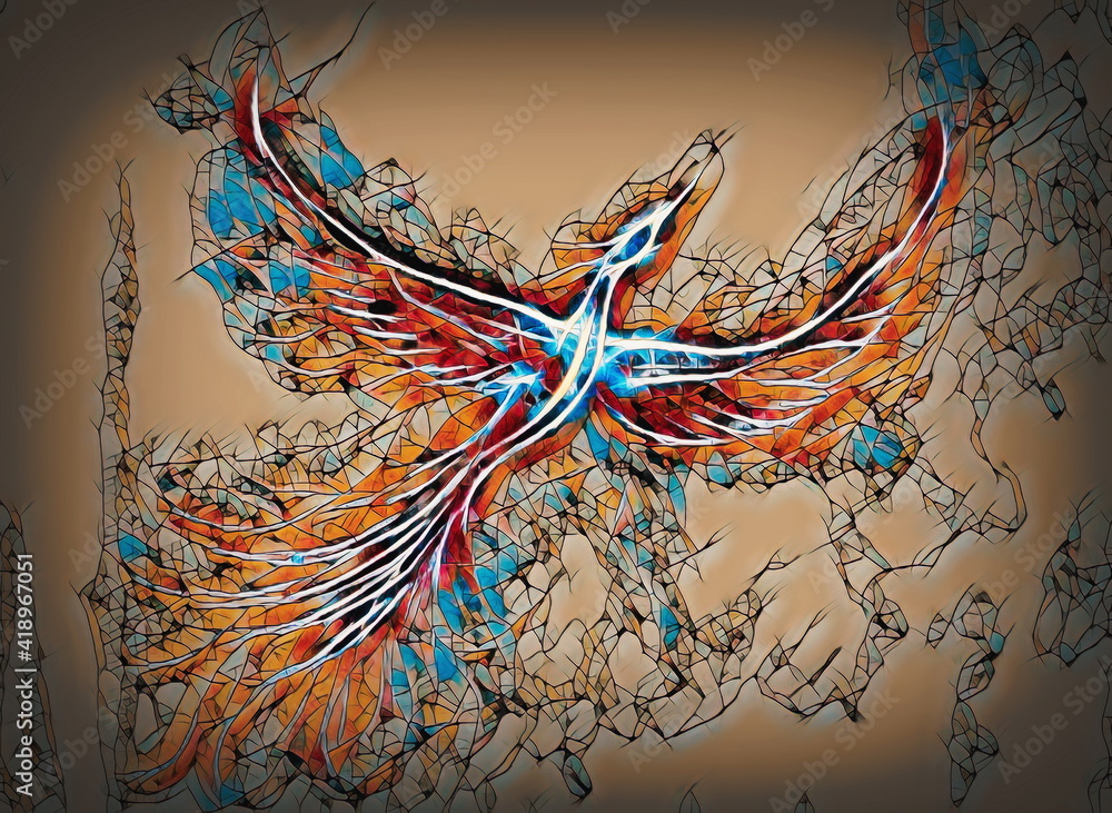 Poster flying phoenix bird as symbol of rebirth and new beginning.