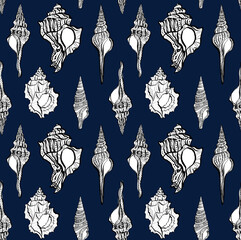 Fototapeta na wymiar Seamless pattern with different seashells on dark blue background