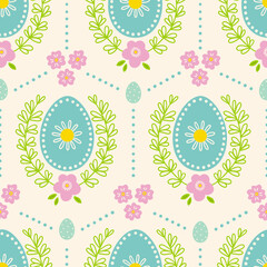Easter seamless pattern with flowers, leaves and eggs. Scandinavian style